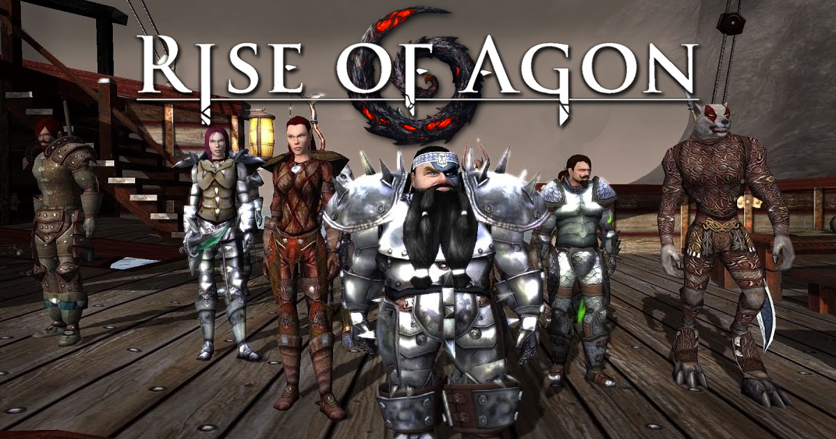 Various races of Agon standing on deck fully geared. Rise of Agon text and spiral logo on top of the image.