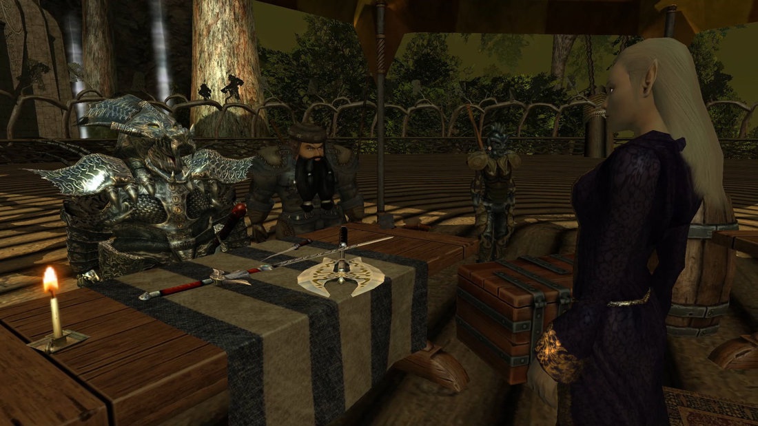 Player characters and a market table with weapons on it